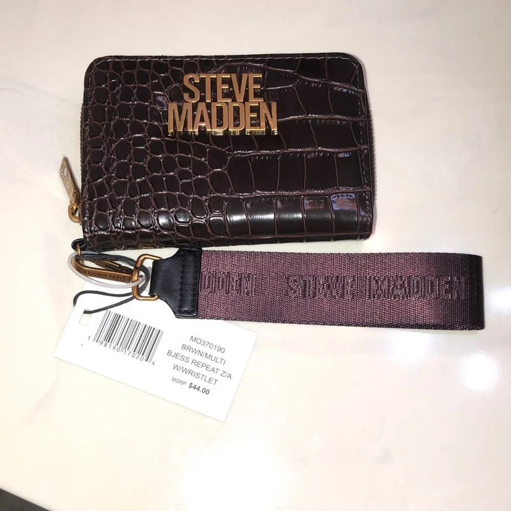 Steve Madden BJESS Brown Multi Faux Leather Croc Embossed ZA Wallet + Strap NWT